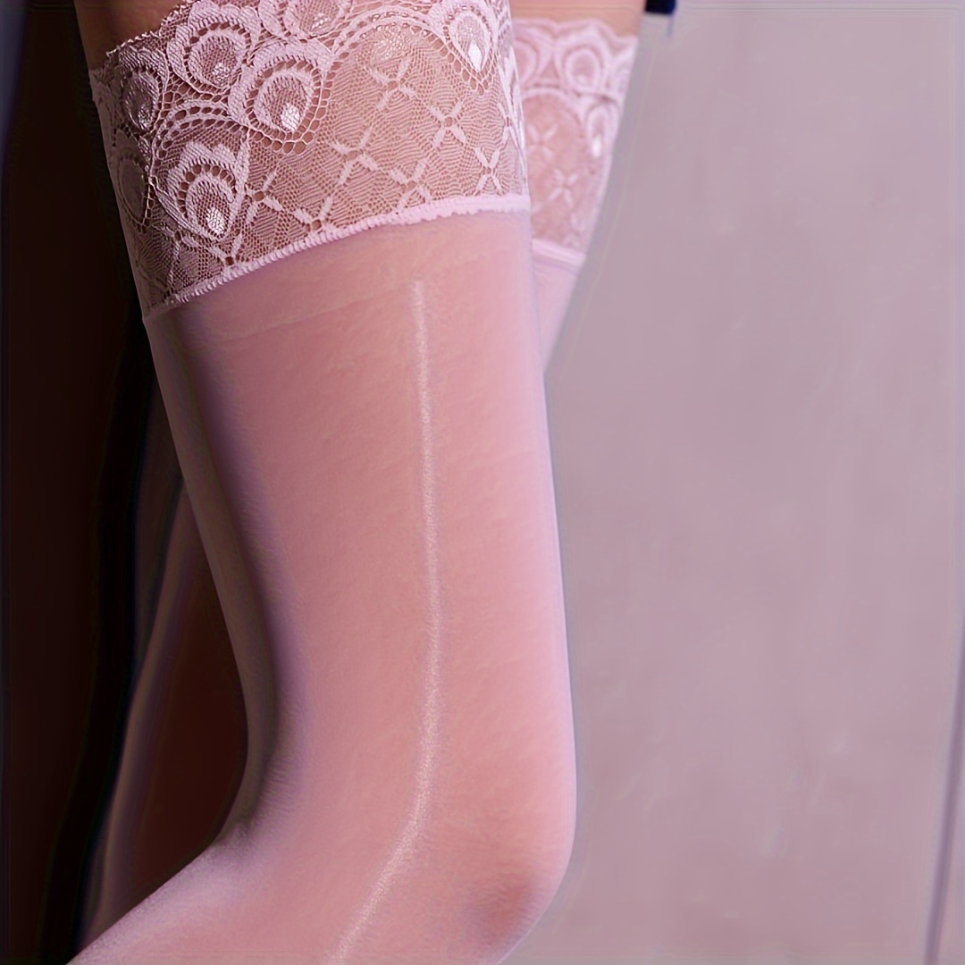 Women'S Sexy Black Peacock Over-the-Knee Stockings, Glossy Lace Silicone Non-Slip, High Elasticity, Sheer Thigh Socks, Polyester Blend, Hand Wash or Dry Clean, Solid Color, Ladies Fashion, Plus Size, Knee-High Socks with Lace Detail, Knitted Fabric