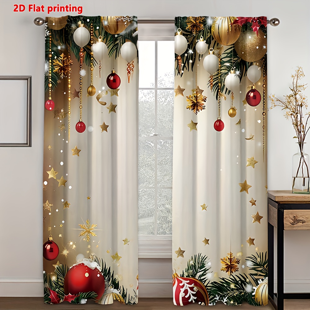 TEMU 2d Flat, 2pcs Set, 2d Printed Christmas Ball And Star Festive Golden- Leaf Curtains With Rod Pocket Installation, Semi-sheer Polyester Material,