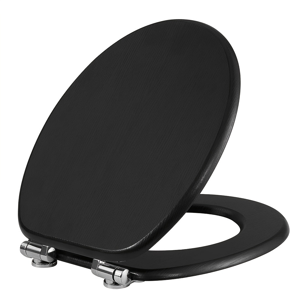 1pc Premium Toilet Seat With Automatic Lowering, Mdf Wooden Core, Soft Close Hinge,, Design Decor，black Wood Grain