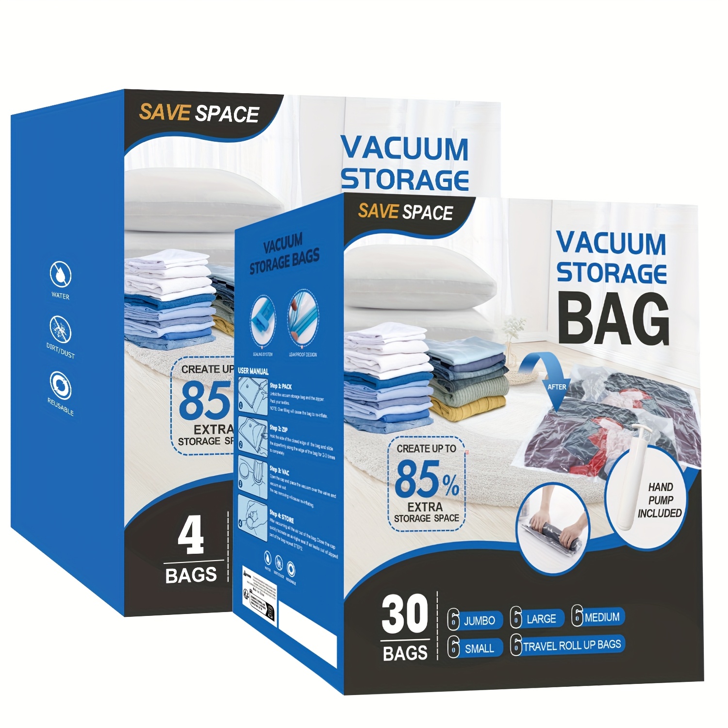 TEMU 34 Pack Vacuum Storage Bags, Space Saver Bags (6 Jumbo/6 Large/10 Medium/6 Small/6 Roll) Compression For Comforters And Blankets, Sealer Clothes Storage, 2 Hand Pump