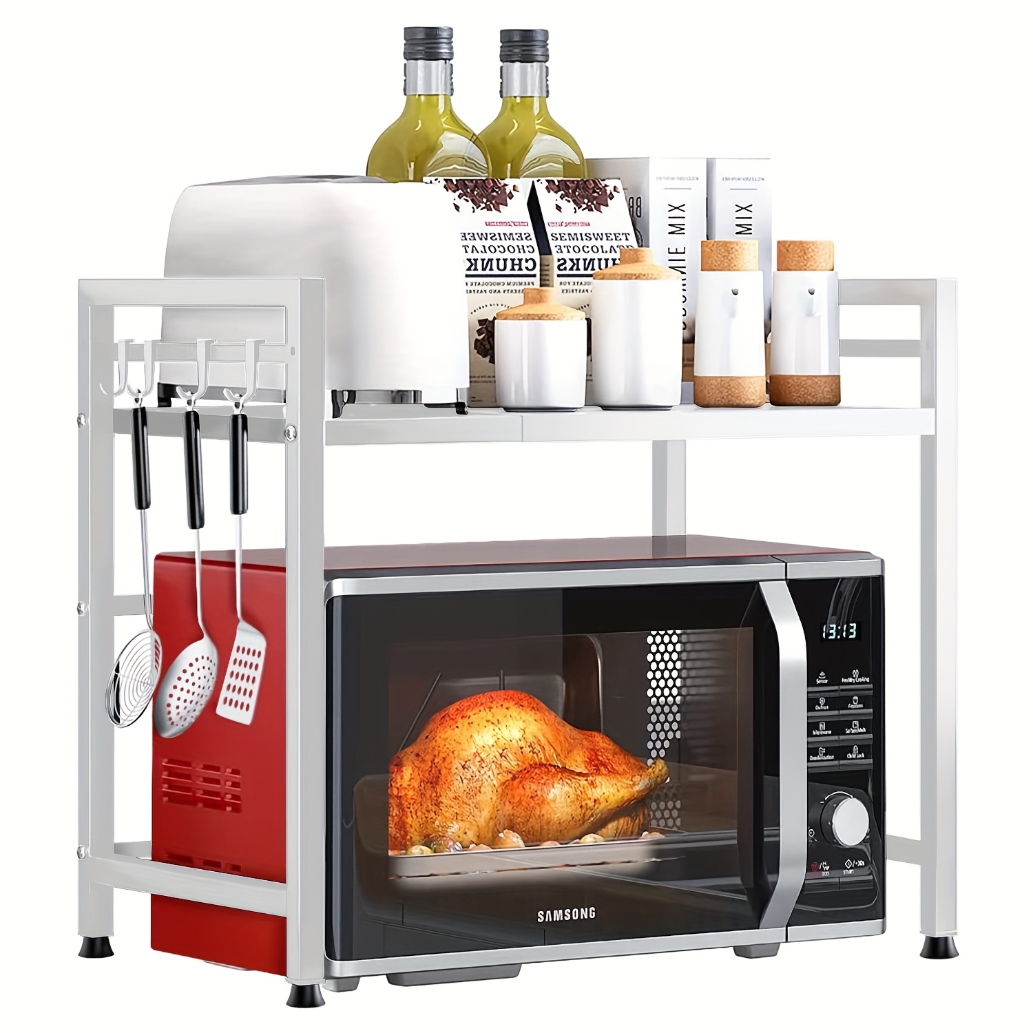 Kitchen Shelf, 40-64cm Extendable Microwave Shelf With 6 Hooks, 32cm/42cm Height-adjustable Microwave Stand, 30kg Load-bearing Microwave Oven Shelf, Microwave Oven Shelf, Spice Rack, Microwave Holder, Kitchen Storage Rack