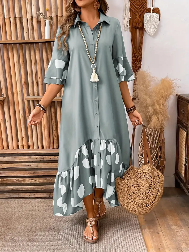 Plus Size - Plus Size - Ladies' Polka Dot * Summer Dress, Featuring a * Hem with a Shorter Front And * Back, an Elegant Casual Dress for Women, Long Dress Style 023 Plus Size - Plus Size - Ladies' Polka Dot * Summer Dress, Featuring a * Hem with a Shorter Front And * Back, an Elegant Casual Dress for Women, Long Dress Style 023
