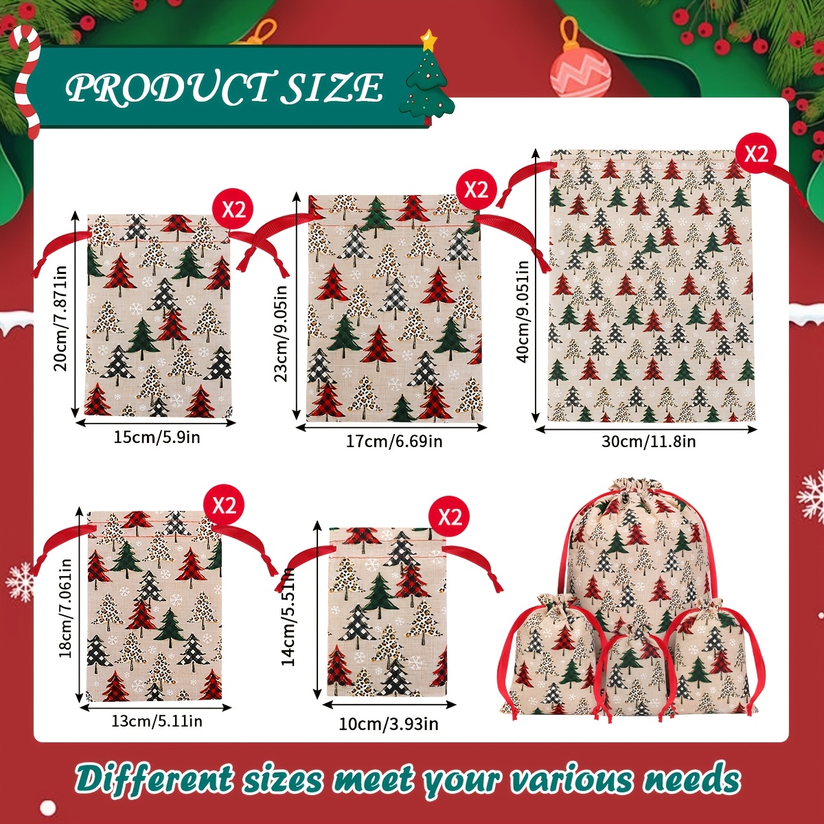 TEMU 10pcs Sacs Cadeaux de Noël à Cordon Mélange Tailles Xmas Sac en Tissu Père Noël Réutilisable Xmas Cadeaux et Bonbons Sacs de pour SACS en Jute