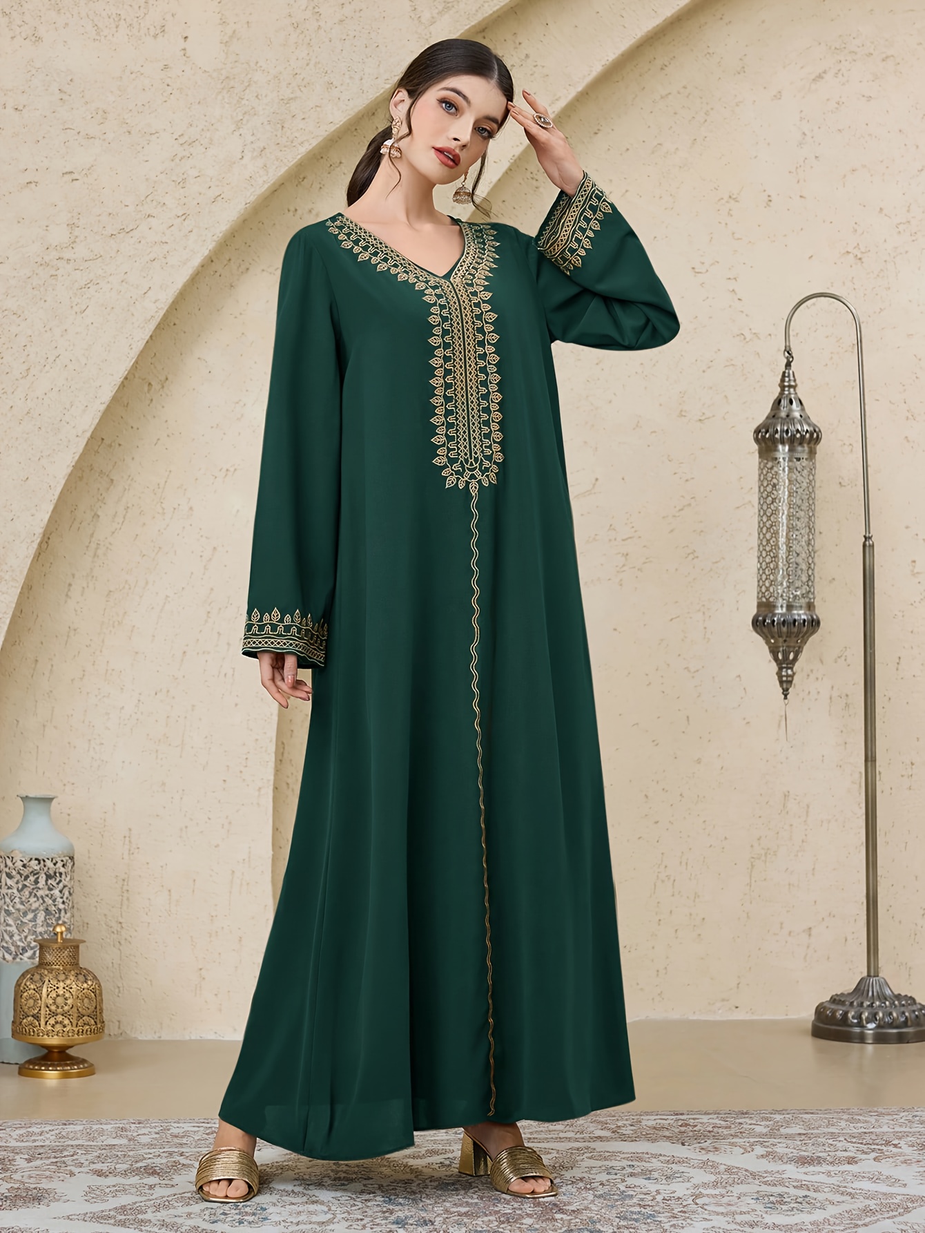 elegant solid color v neck embroidered long sleeve abayas   for middle eastern muslims
