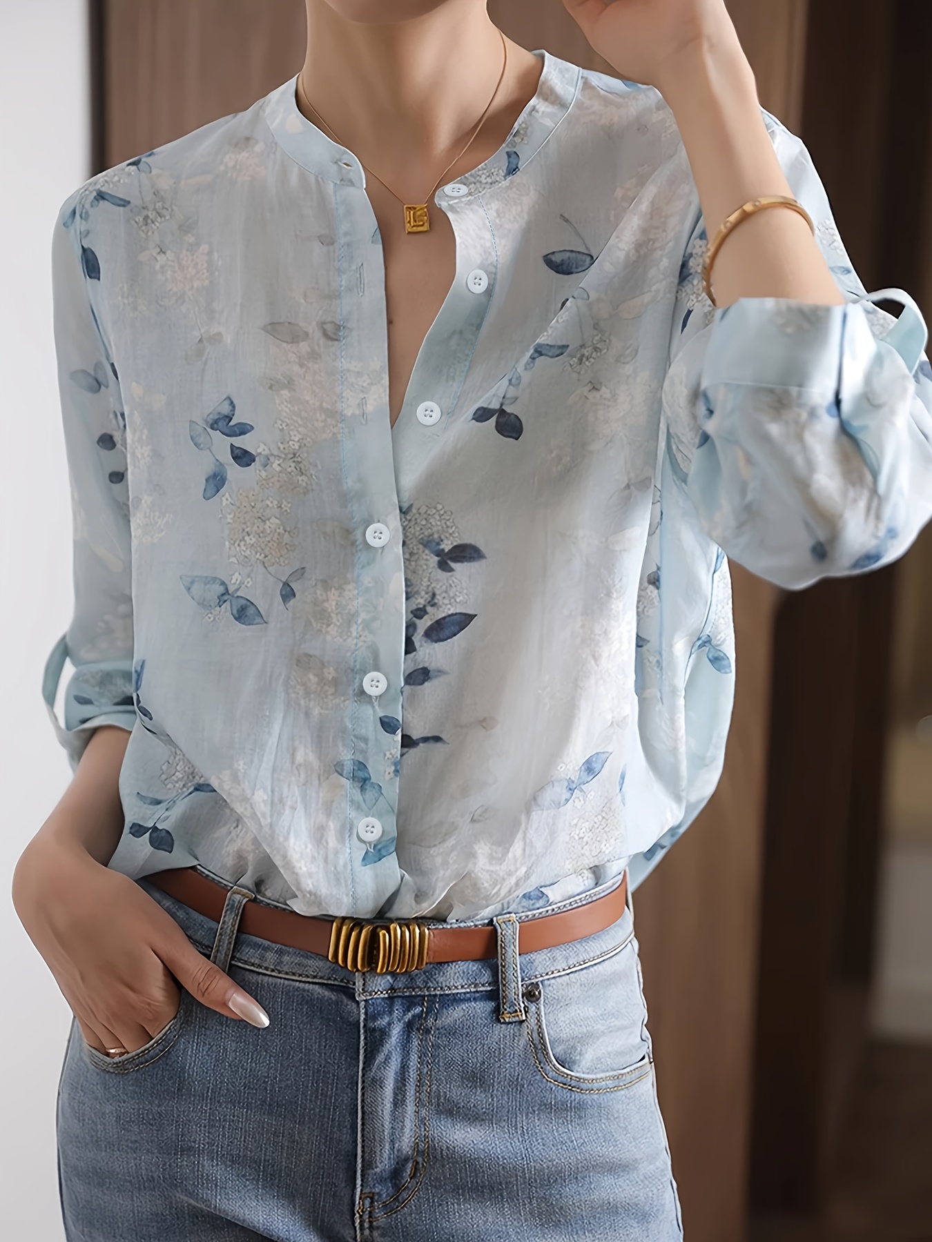 Blusa de chifón con estampado floral para mujer Camisa casual de  larga con cuello diseño de botones para las esta