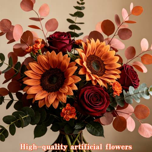 autumn vintage sunflower faux bouquet with eucalyptus leaves 9pcs set suitable for home decor holiday decoration handheld bouquet photography props autumn decor autumn artificial flowers wedding decoration shop decoration