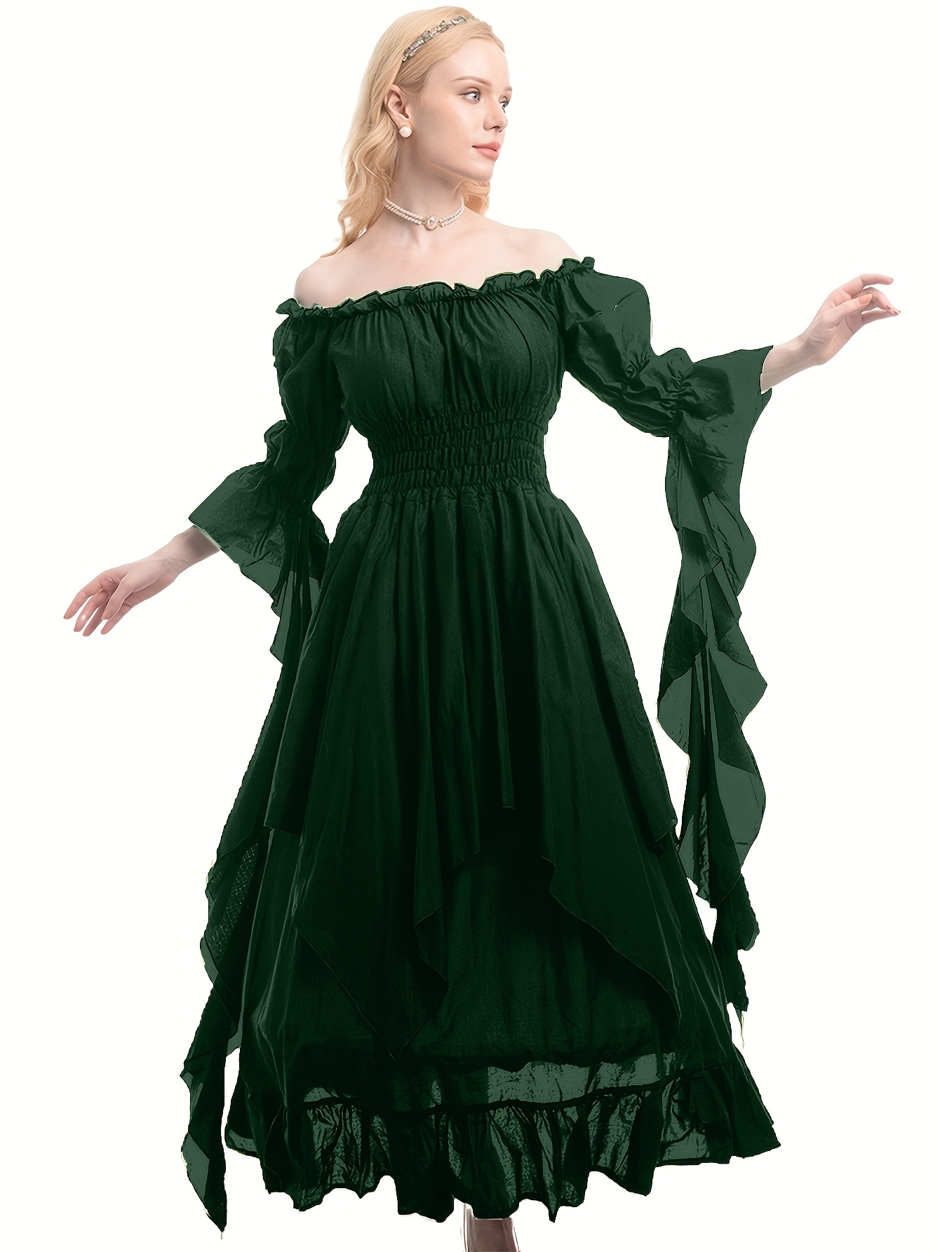 women's vintage medieval formal dress - emerald green non-stretchy party,  flared layers for renaissance , wedding guest, photoshoot - costume attire  with wear, fancy dress, fabric, elegant gown, theater