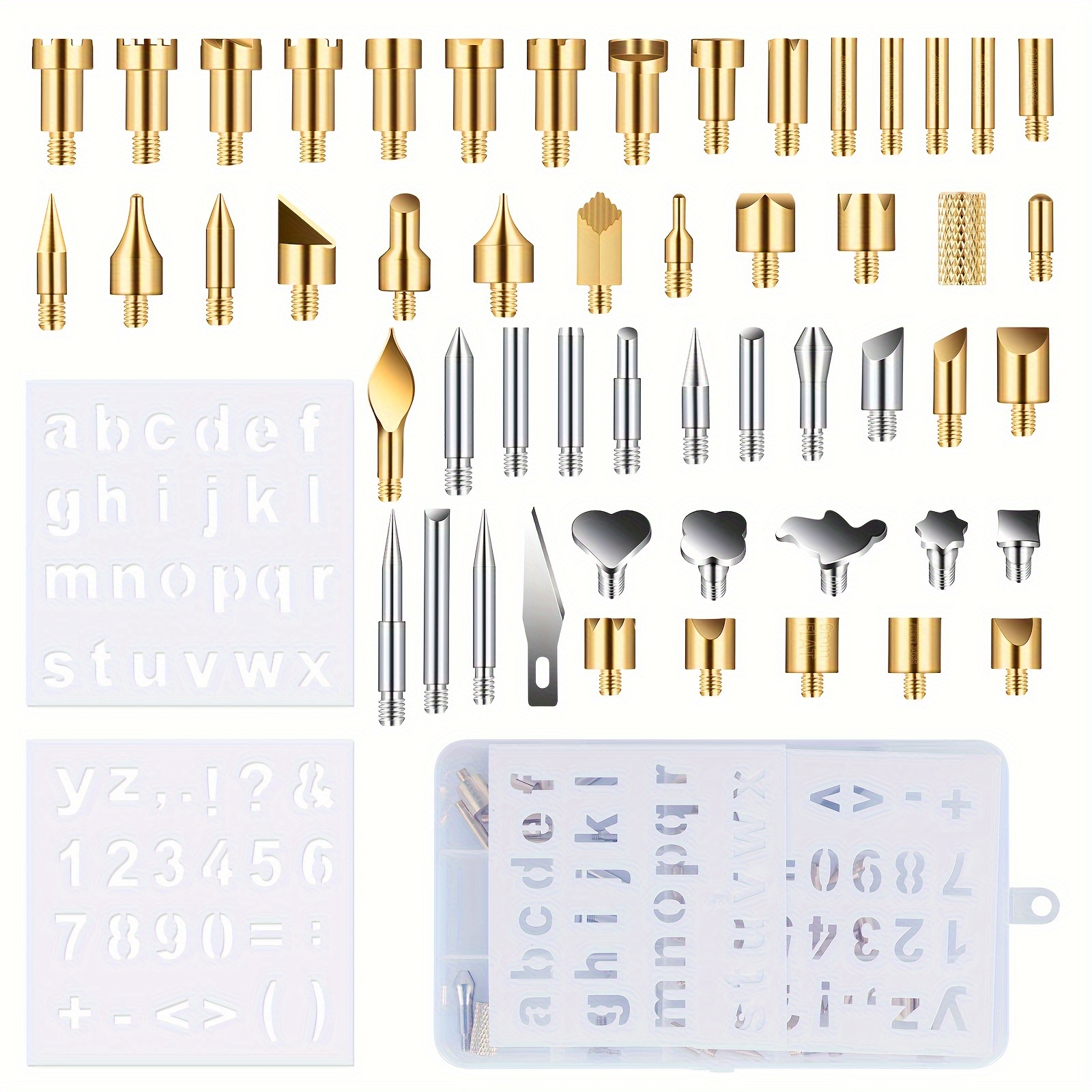 

53pcs Wood Burning Tips Kit With Alphabet Number Stencil Brass Pyrography Carving Tips Multipurpose Embossing Carving Pen Tips Diy Soldering Iron Tips For Soldering Jewelry