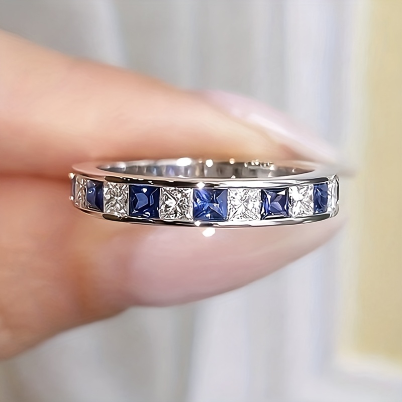 Women's 4mm Wide Blue and White Mixed Cubic Zirconia Ring