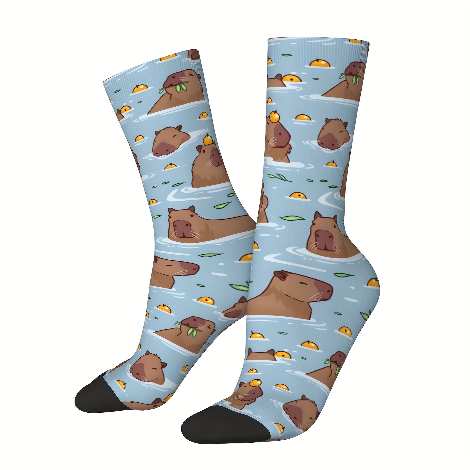 

1 Pair Of Unisex Harajuku & Vintage Style Novelty Bathing Capybara Pattern Crew Socks, Trendy Graffiti Men Women Socks, Crazy Funny Socks For Gifts