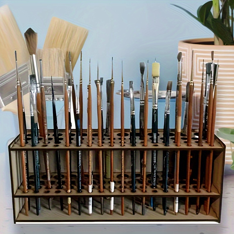 

1pc Wooden Artist Brush And Pen Holder Organizer, Handcrafted Desk Storage Box, Multipurpose Tool Rack For 67 Brushes & Art Supplies, Durable Wood Construction, Desktop Art Accessories