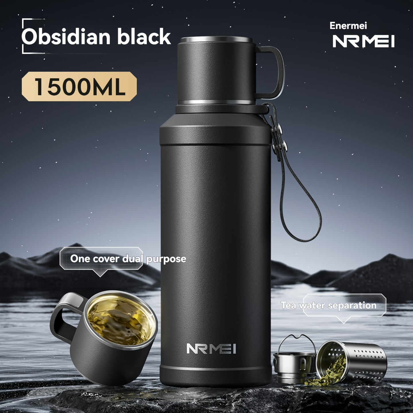 32oz Stainless Steel Water Bottle With Lid And Carrying Strap, Drinking Lid, Drinks Hot Or Cold For 24 Hours. In Black And White, Suitable For Outdoor Use And Camping