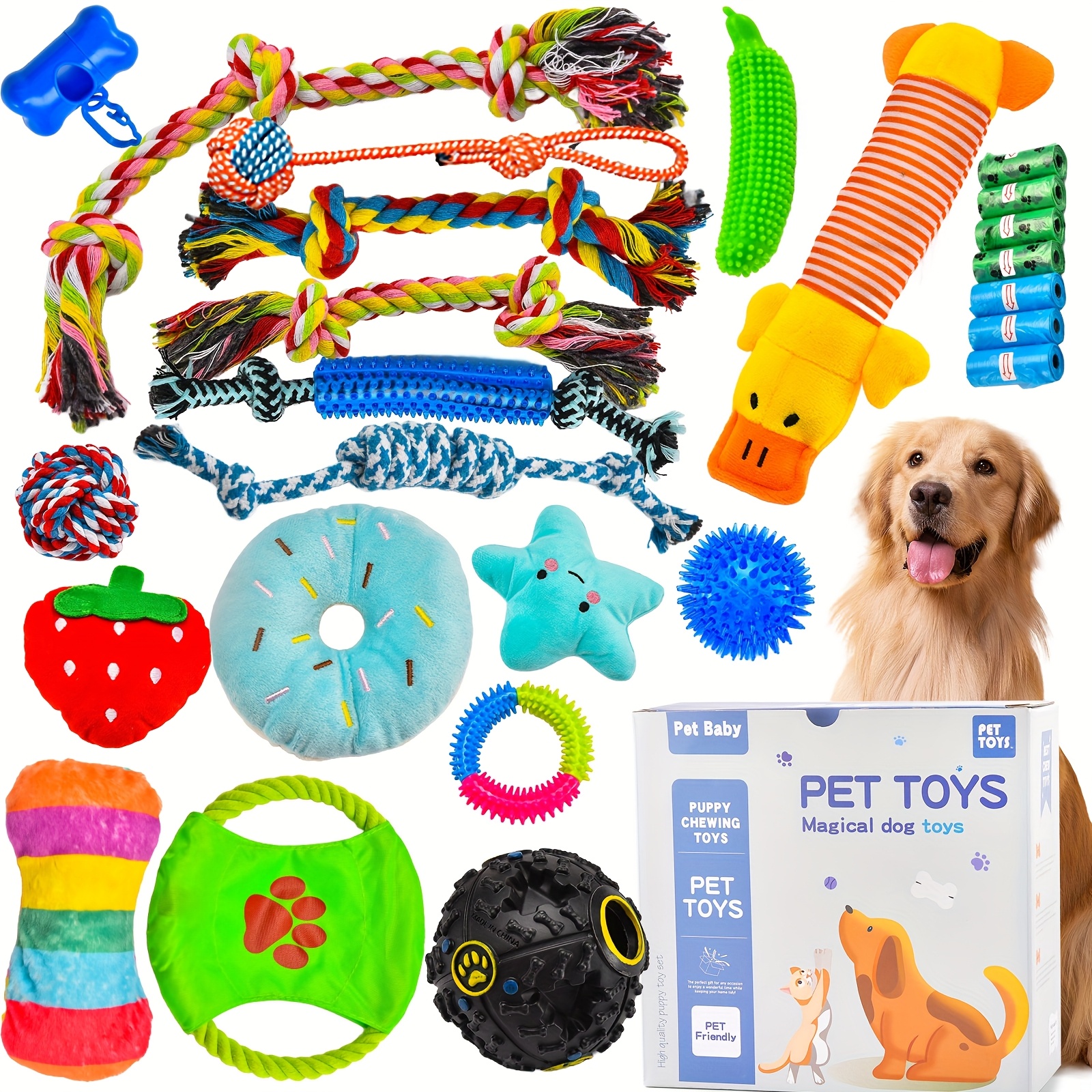 TEMU 25pcs Puppy Chew Toys For Teething, Dog Chew Toys With Rope Toy, Pet Dog Toothbrush, Treat Balls, Plush Toys And Squeaky Toys For Small Medium