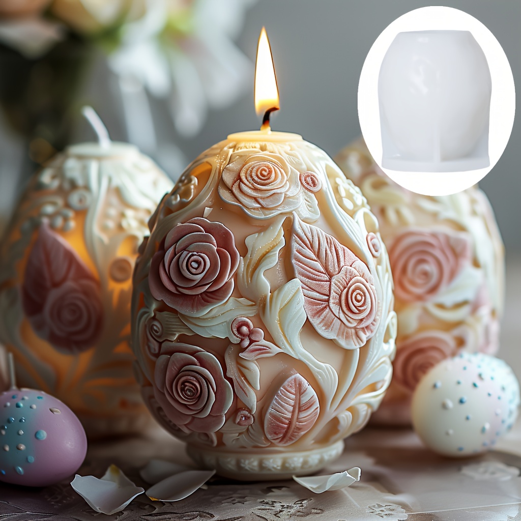 

Floral Egg Candle Silicone Mold - Resin Casting Mold For Easter Decor, Rose And Embossed Egg-shaped Art Crafts, & Wax Mold For Diy Home Ornaments And Gifts