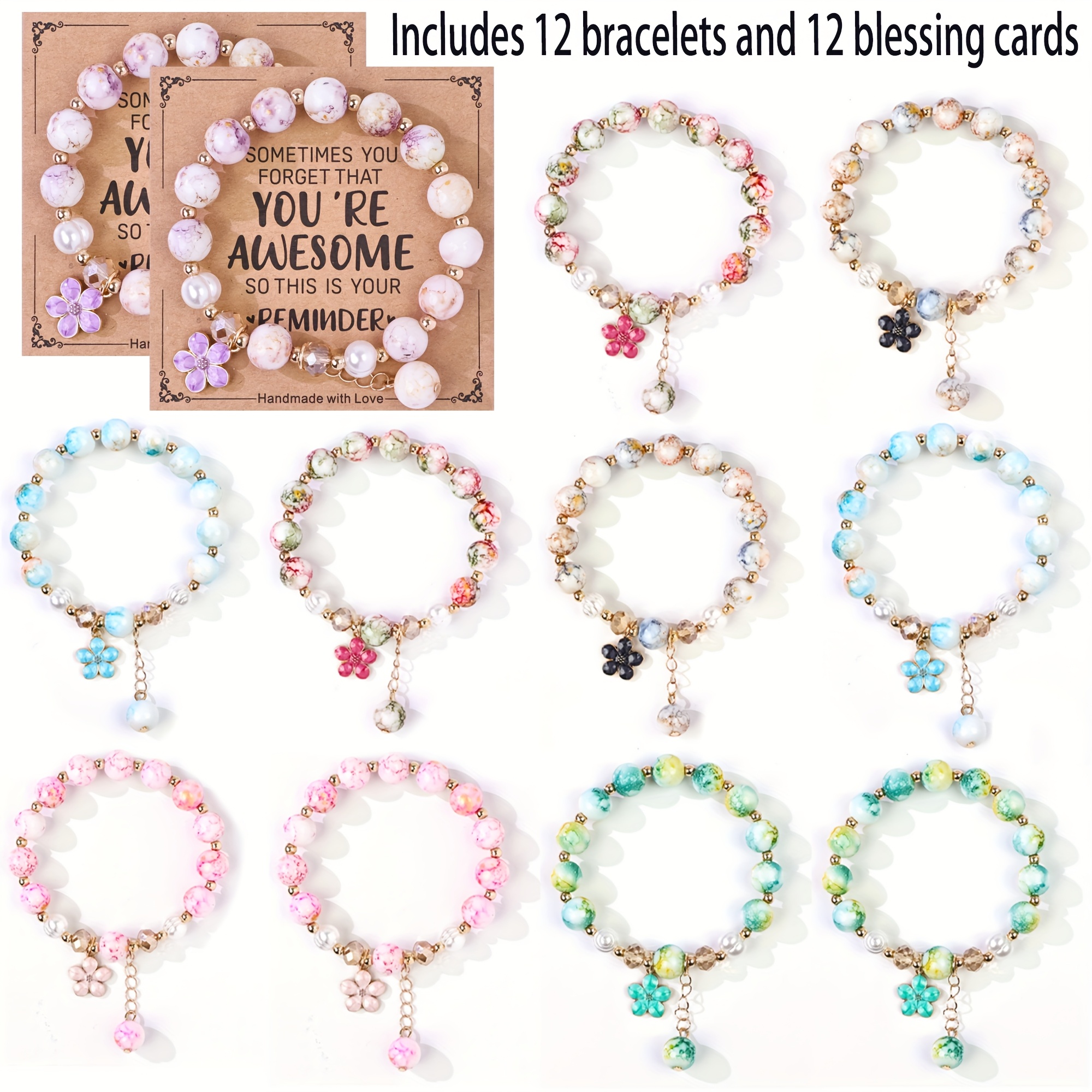 Image of 12 Colorful And Elastic Bracelet Made Of 10mm Glass Beads. Suitable For Women To Wear. As A Small Gift To Family , , , Daughters. The Bracelet Includes An Card.