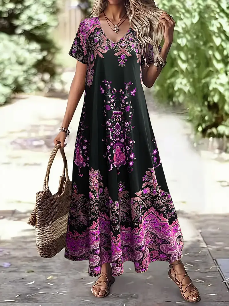 Abito Donna Boho In Cotone E Lino - Maxi Vestito Lungo Con Scollo A V E Tasche - Stile Retrò E Comodo - Foto 9