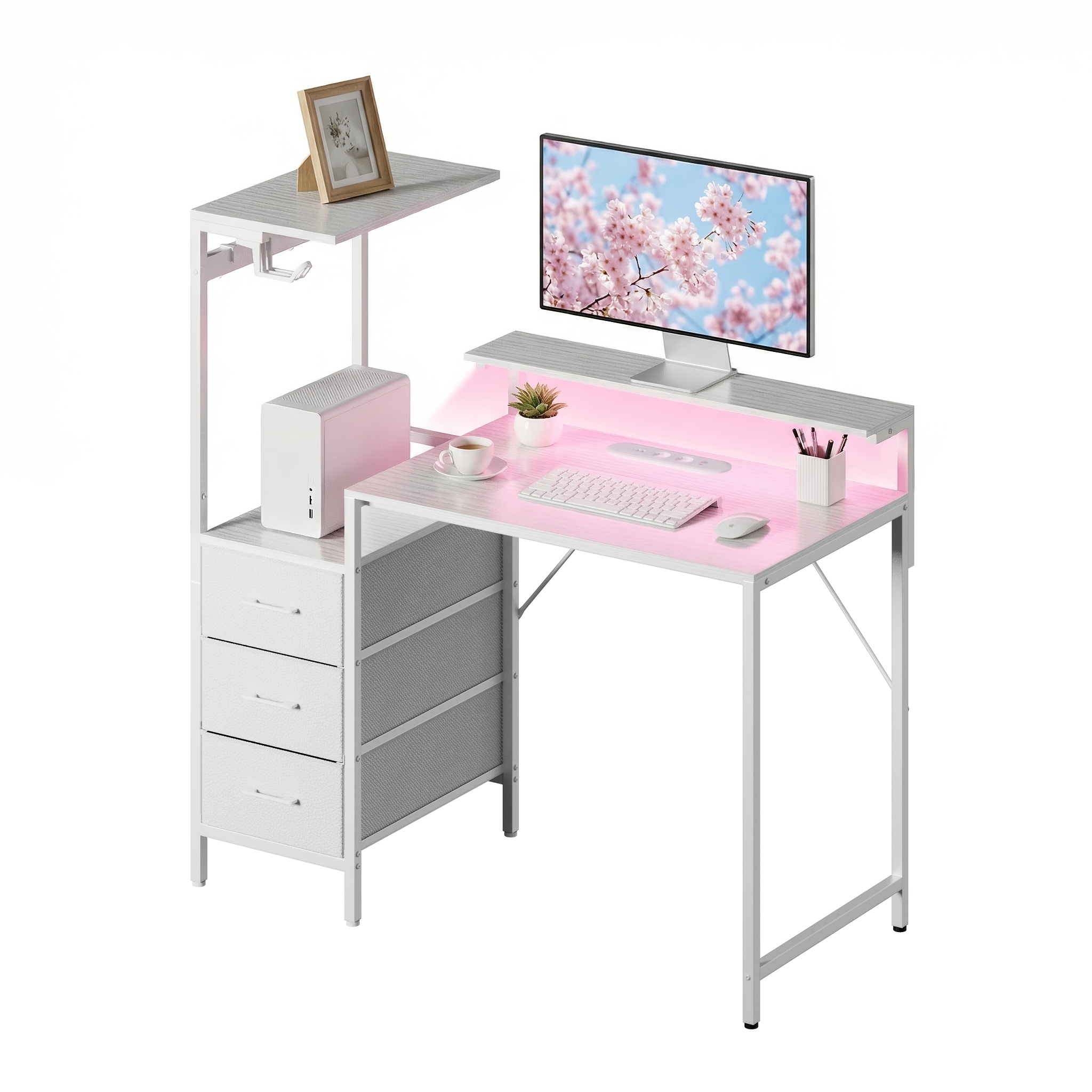 TEMU Bureaux d'ordinateur 120/150 cm, bureaux de gaming avec LED et prises de , bureau de bureau moderne avec étagères et tiroirs de rangement, table