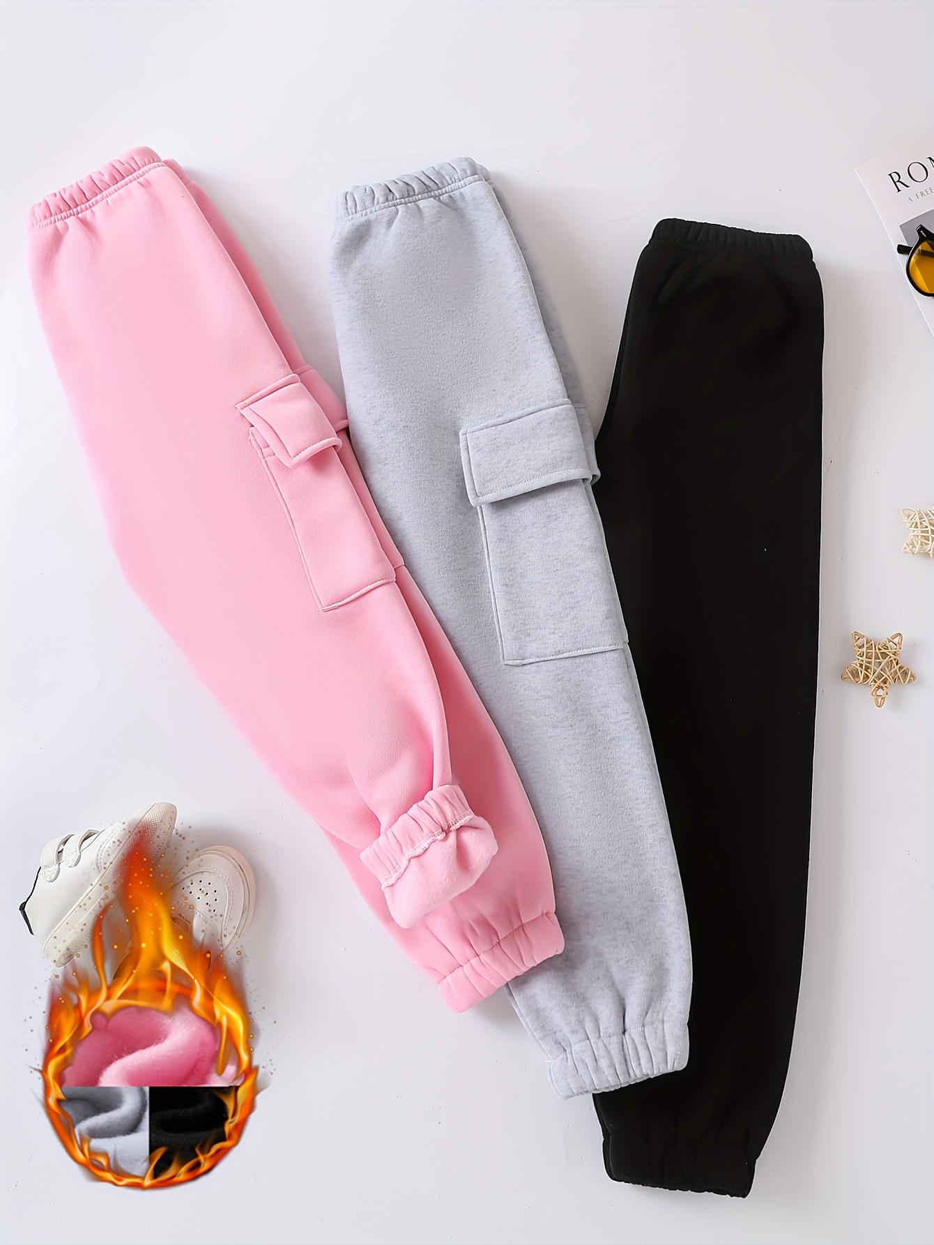 Girls' 3pcs Fleece-Lined Cargo Pants Set for Winter