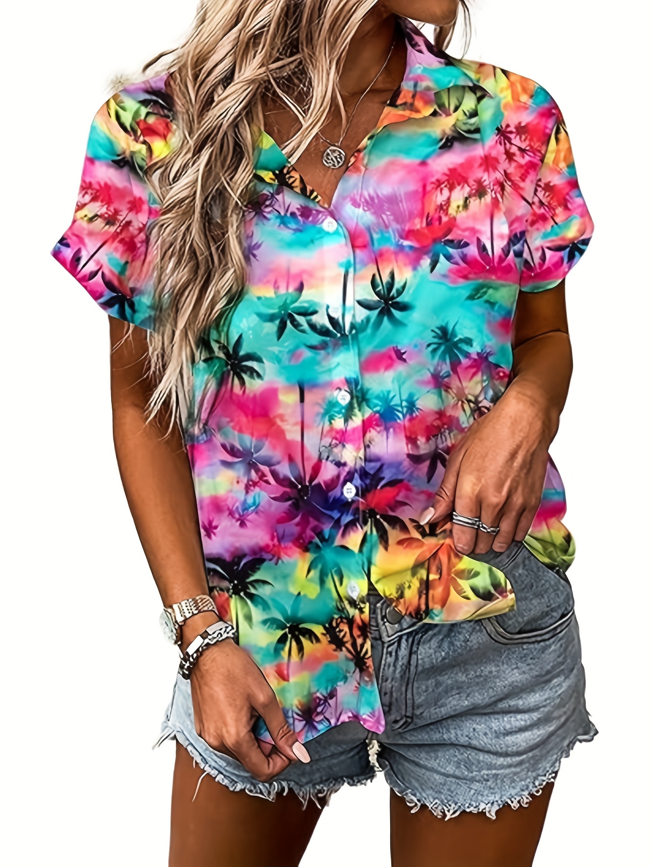 womens soft and cool hawaiian shirt summer tropical print beach shirt v neck button short sleeve floral top
