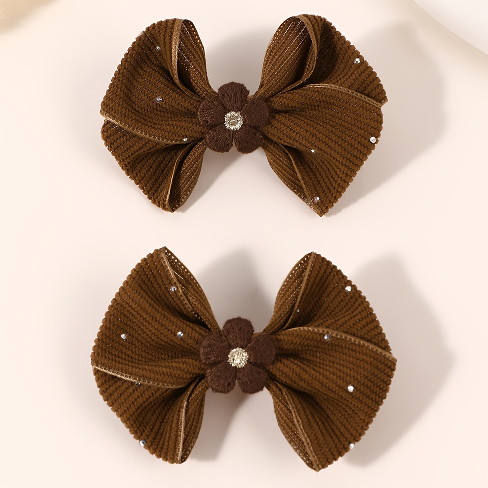 TEMU 2pcs Corduroy Bow Hair Clips Mini Fabric Flower Rhinestone Accent Barrettes Twin Ponytail Fall Winter Preppy Coffee Tone Daily Back-to-school