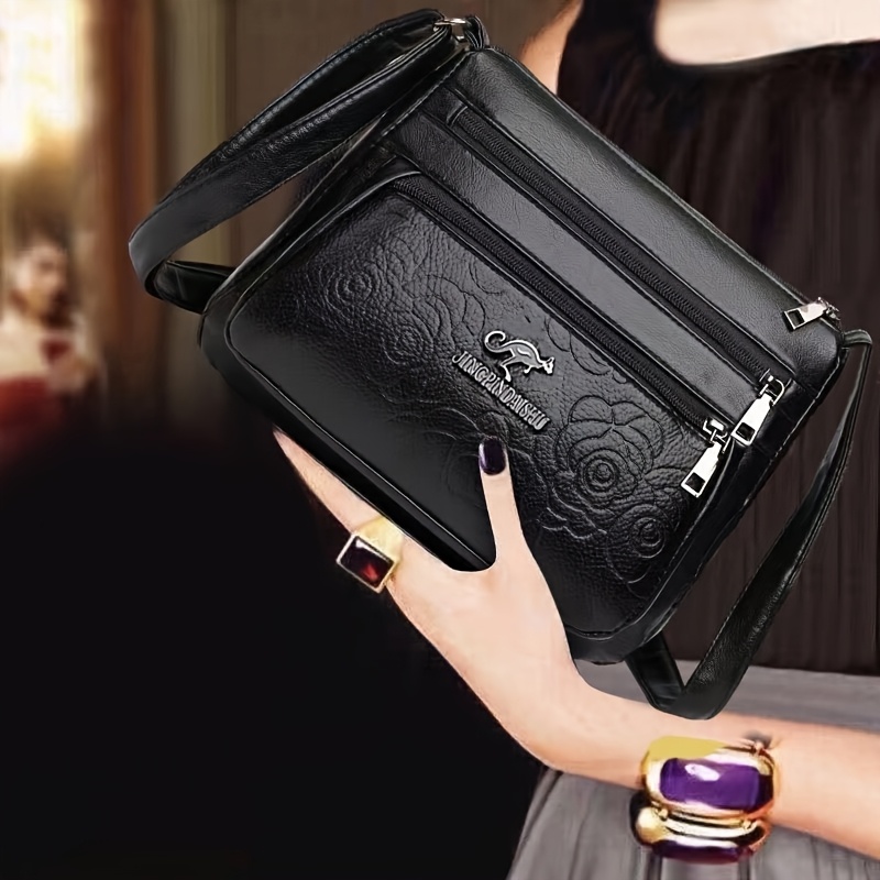 TEMU Solid Black Women's Shoulder Bag, Large Capacity Crossbody Bag, Fashionable And Versatile Bag For Middle-aged And Older, Multi-layered Small