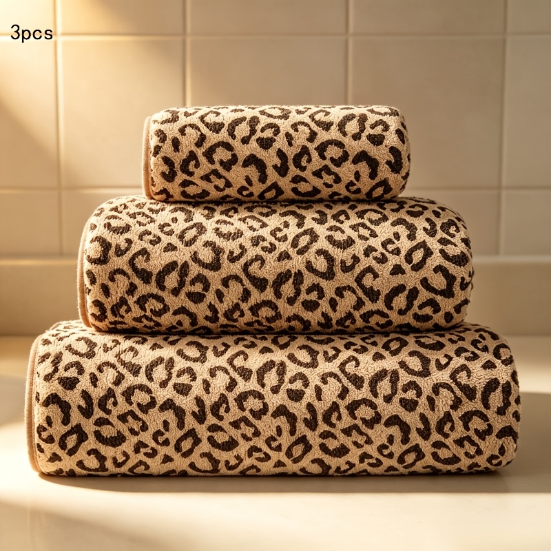TEMU 3pcs Leopard Print Towel Set, Bath Towel+hand Towel+face Towel, Ultra Fiber, Quick Dry Absorbent, Fluffy Bathroom Towels, Wash Cloths