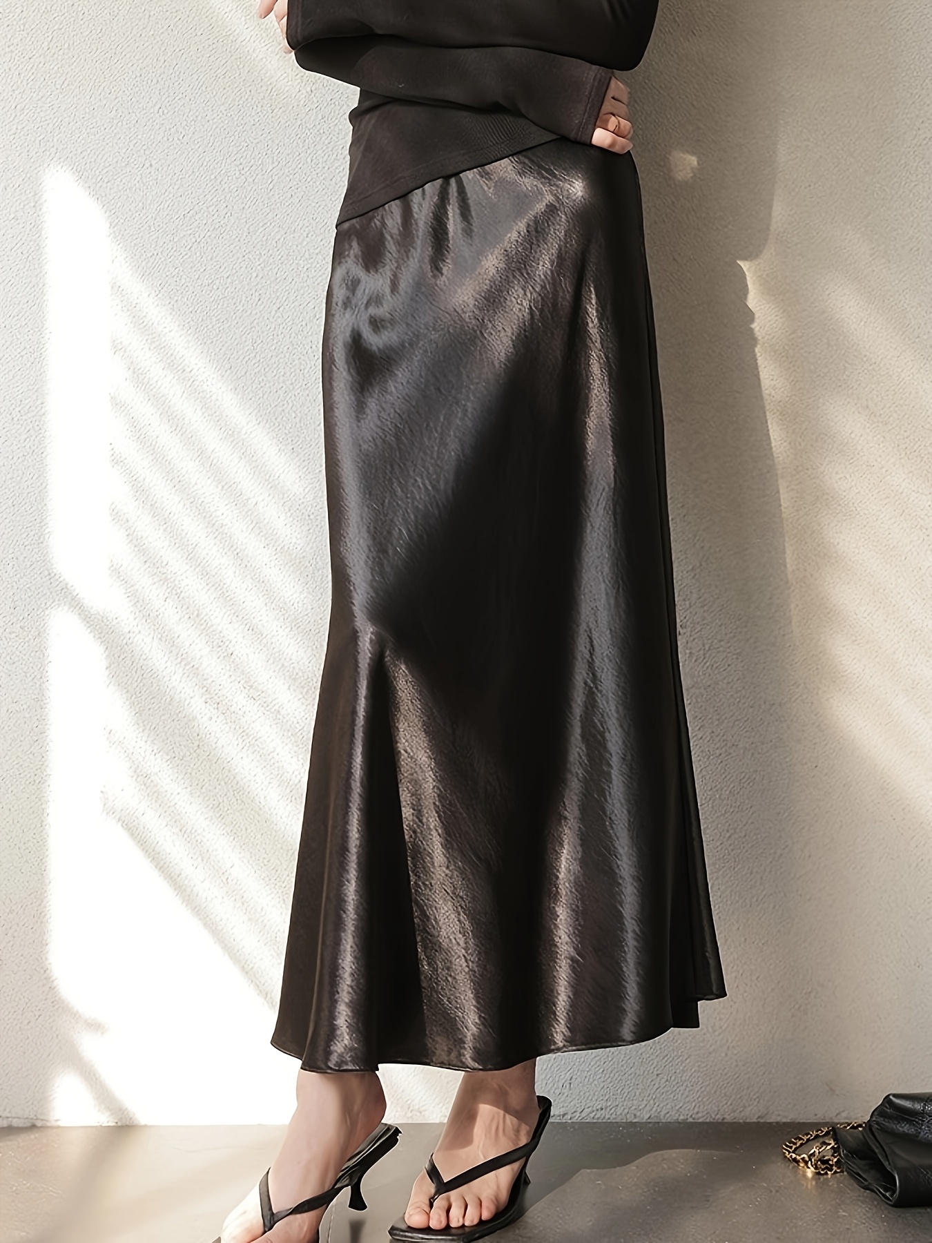 Elegant High-Waist Satin Midi Skirt for Women Sleek Ice Silky Fabric,  Flowing A-* Versatile Solid Color Spring/Summer/Fall, Ele