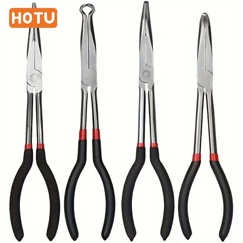 

4pcs 11" Professional Needle Nose Pliers Set - Carbon Steel With Ergonomic Handles, Long Reach, Straight, 45 & 90 Degree Automotive, Jewelry Crafting & More, Long Nose Pliers