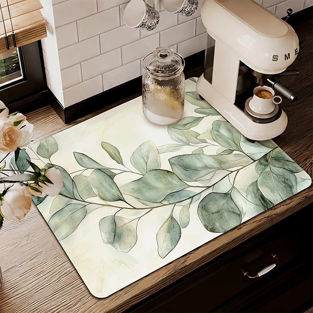 TEMU 1pc, Eucalyptus Leaf Pattern Absorbent Placemat, Featuring Intricate Eucalyptus Leaves, Leaves Displaying Gray-, With A Creamy White Background,