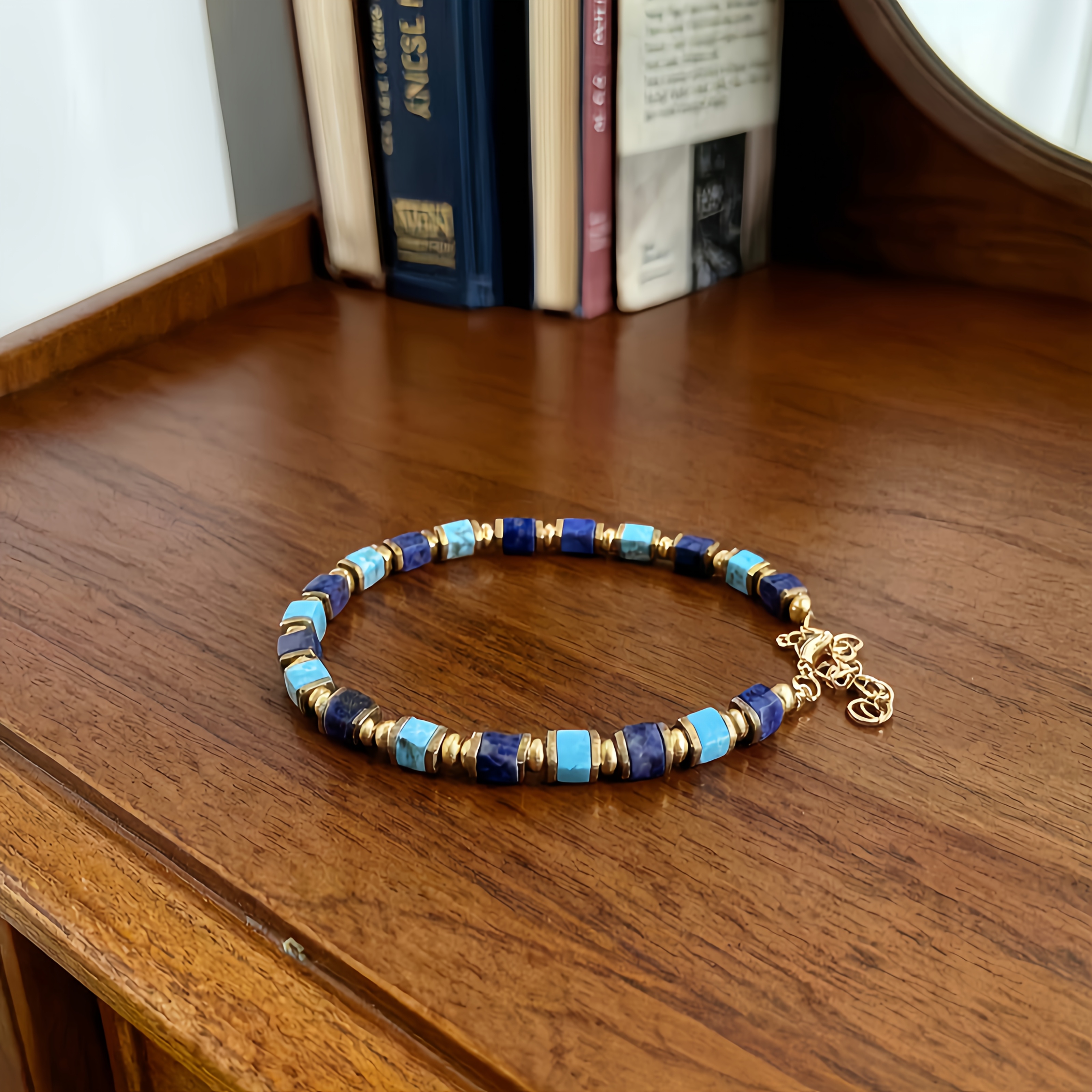 TEMU Bracelet carré décontracté avec perles, turquoise et lapis-, bracelet en naturelle, et rassemblant les bénédictions, symbolisant et , bijou fait