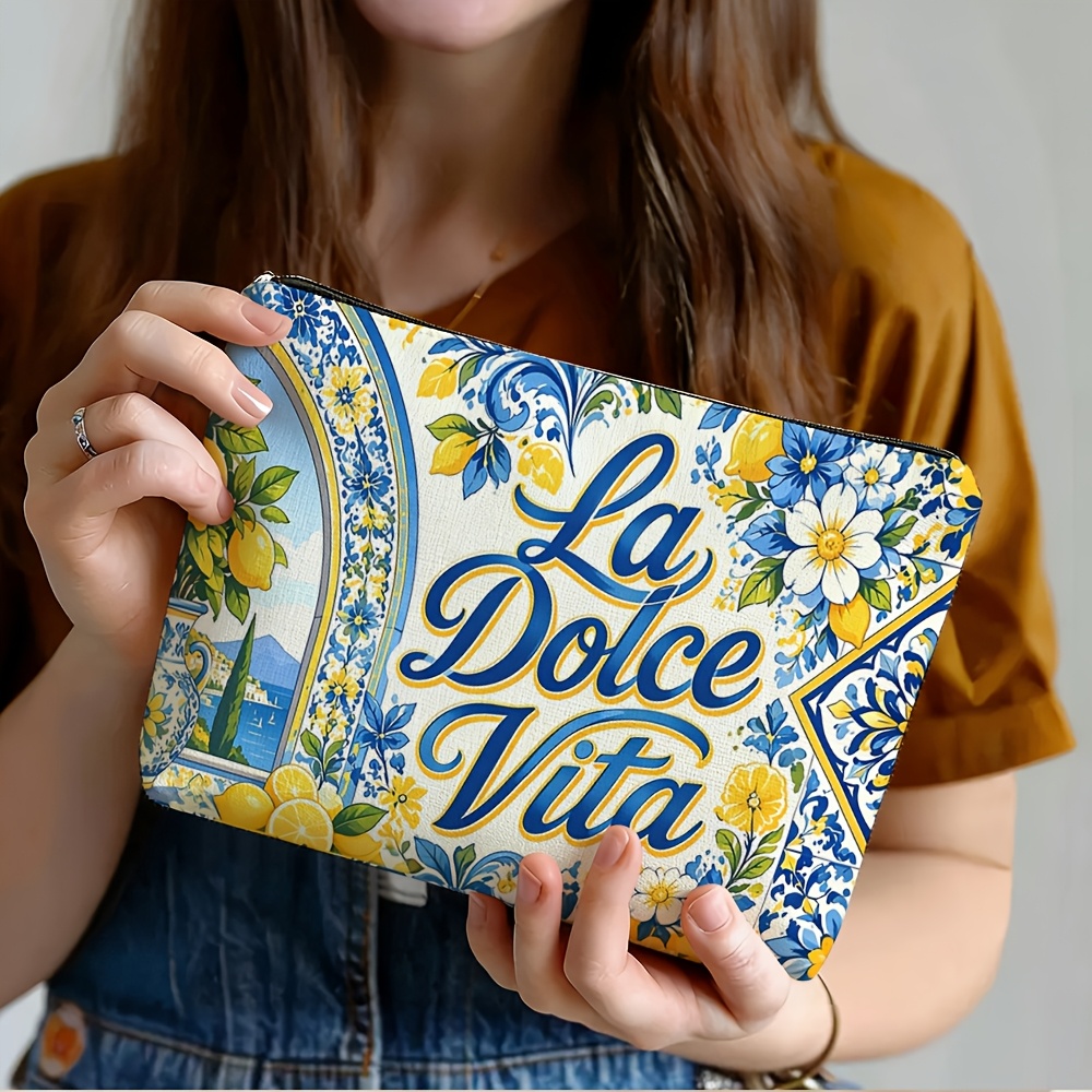 TEMU Makeup Bag, Italian- Tile Print, Fashionable Travel Toiletry Bag, Fun Pattern Printed Storage Bag, Zipper-closed Toiletry Bag, Suitable For