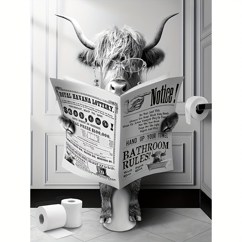 

1pc, Frameless Black And White Wall Trim Bathroom Decorative Wall Art Farm Highland Cow Toilet Wall Art Animal Canvas Print Fun Highland Cow Modern Newspaper Decorated Farmhouse Artwork 12x16 Inches