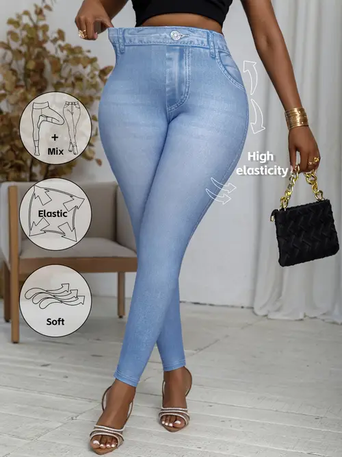womens high waisted stretch skinny jeans denim all leggings with elastic waistband fit machine washable casual pants for casual attire elastic waist jeans versatile clothing able leggings highelasticity fabric