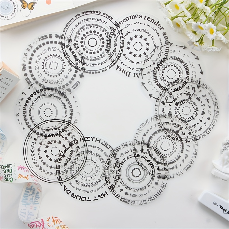

10 Pcs/pack - Surrounded By Beauty Series: Geometric Design, Mixed Colors, Reusable, Self-adhesive, Shiny, And Lettering Circular Stickers
