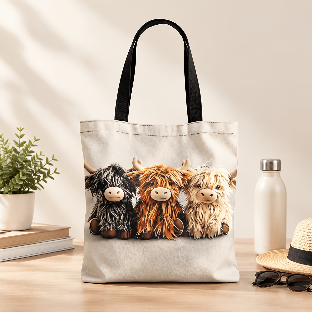 TEMU 1pc 2d Printing Tote Bag With 3 Fluffy Highland Cows Sitting Pattern, Suitable For Shopping Office Vacation Daily Commute And Travel, Gift For .