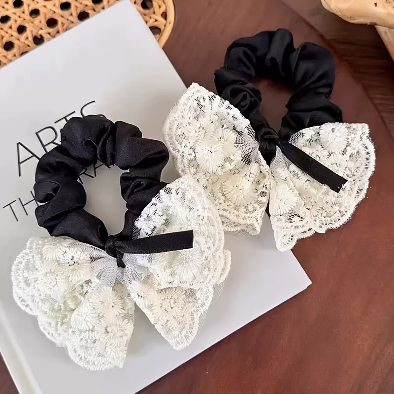 2pcs Sweet Bowknot Hair Ties, Lace Double-layer, Korean Style, Elastic, Vintage, Embroidered, Polyester, Fashion, Non-textile Materials, With Gentle Design, For