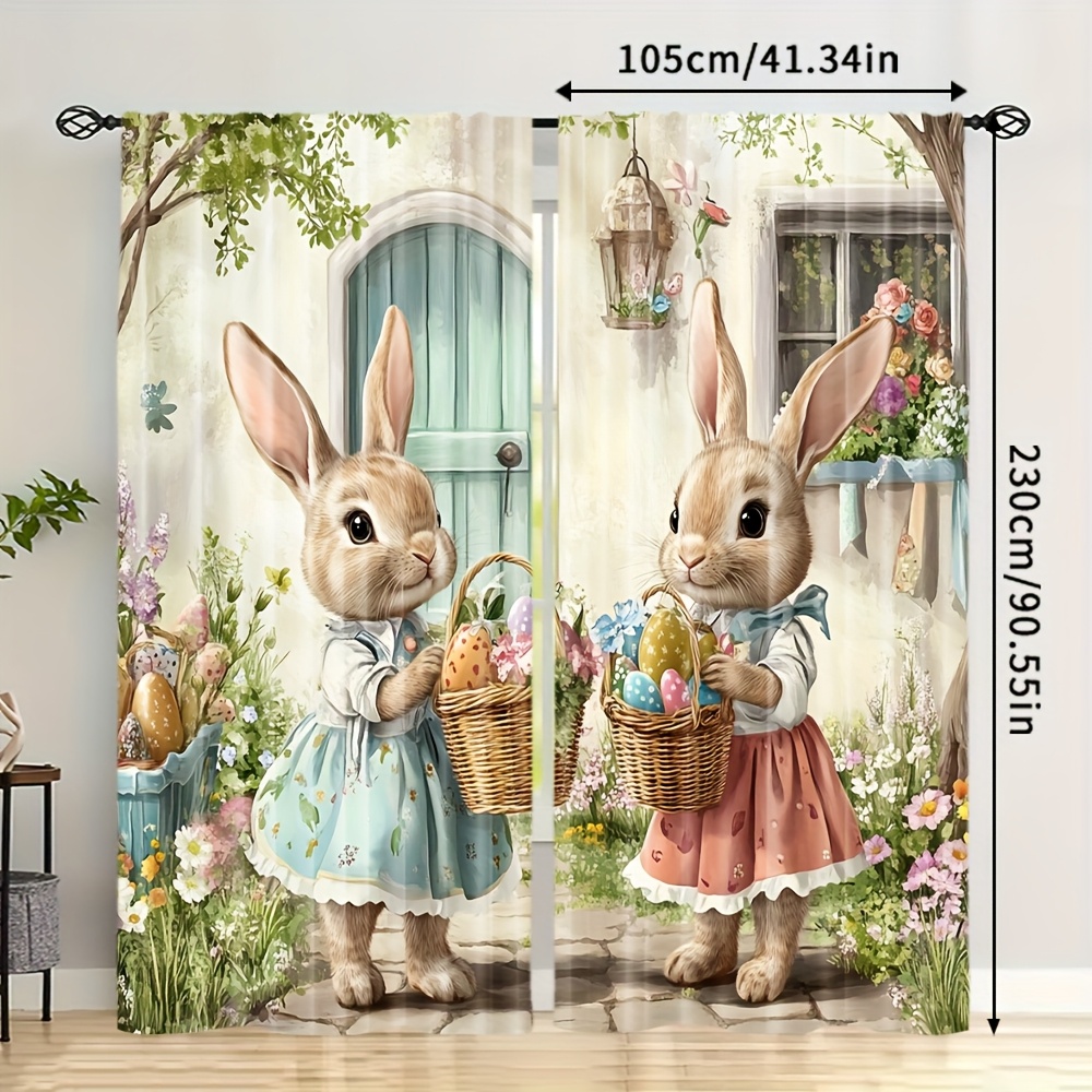 TEMU 2pcs, Spring Easter Curtains, Country Lover Rabbit Curtain, Extra Large Fabric, For Suitable For Bedroom, Kitchen, Office, Study, Living Room