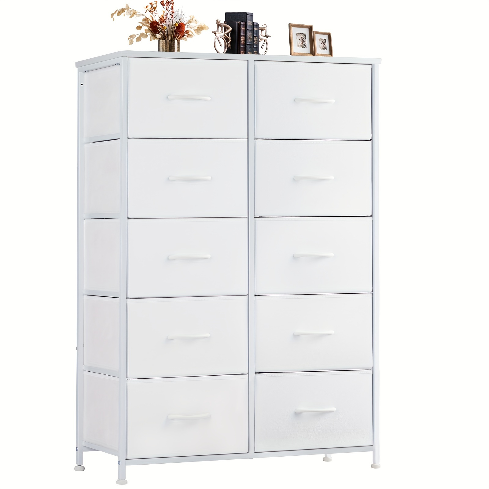 

Dresser For Bedroom 10 Drawers, Storage Chest Of Drawers With Fabric Bins, Tall Dresser With Sturdy Steel Frame Clothes Organizer, White