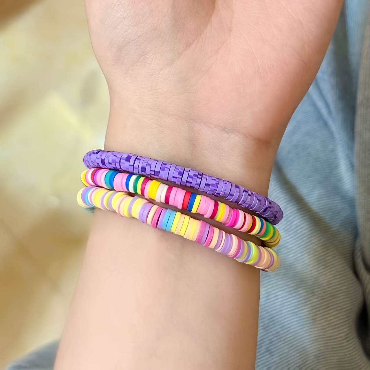3pcs Bohemian Multicolor Soft Clay Elastic Bracelets