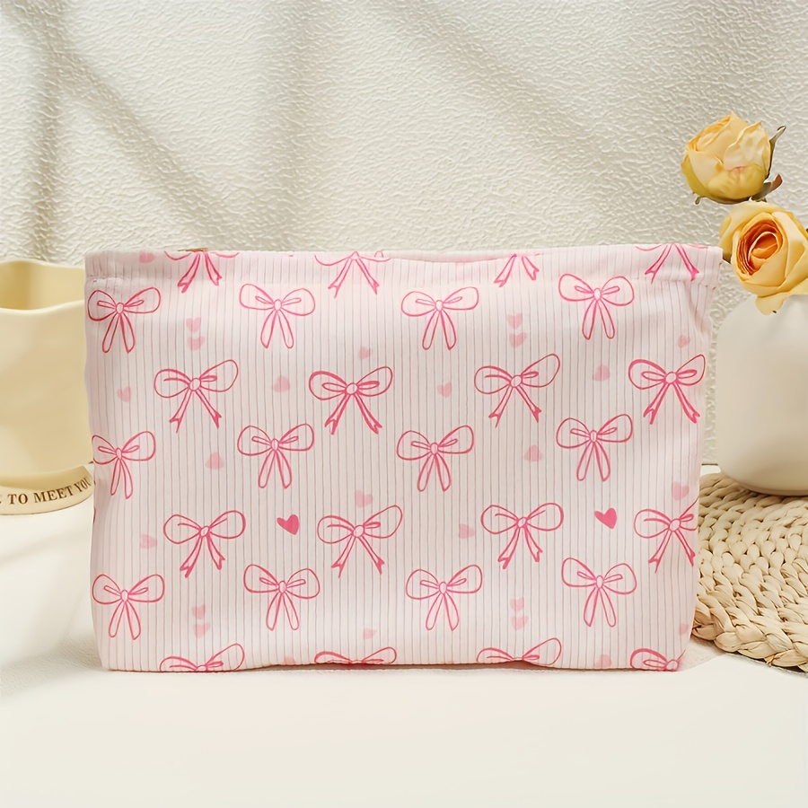 A Spacious, Minimalist Heart-shaped Bow Zipper Cosmetic Bag Made Of Thick Corduroy, Suitable For Toiletries