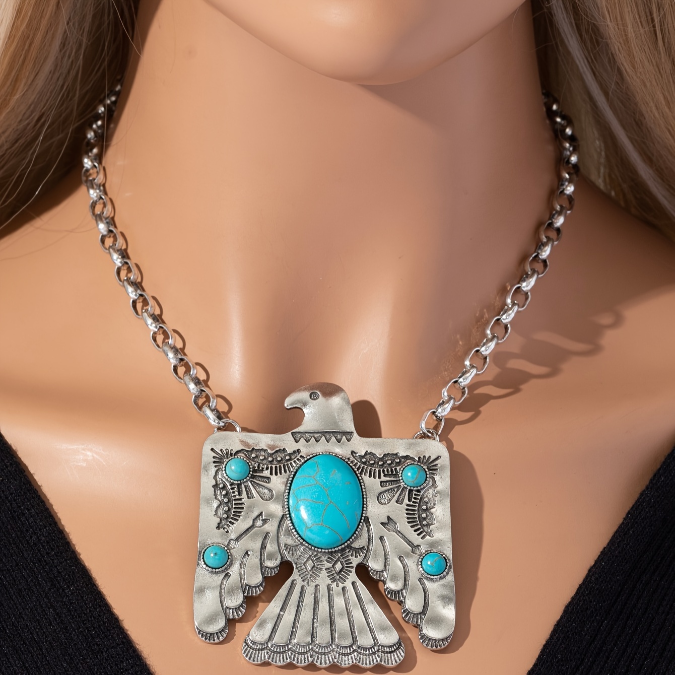 

Boho-chic Vintage Eagle Pendant Necklace With Turquoise Accents - Zinc Alloy, Casual Attire & Gifting