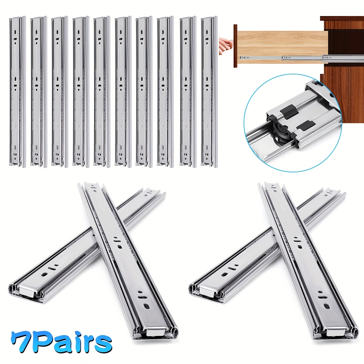 TEMU Lot de 14 glissières de tiroir à extension complète et fermeture 550 mm, montage latéral, en acier inoxydable avec roulements à billes