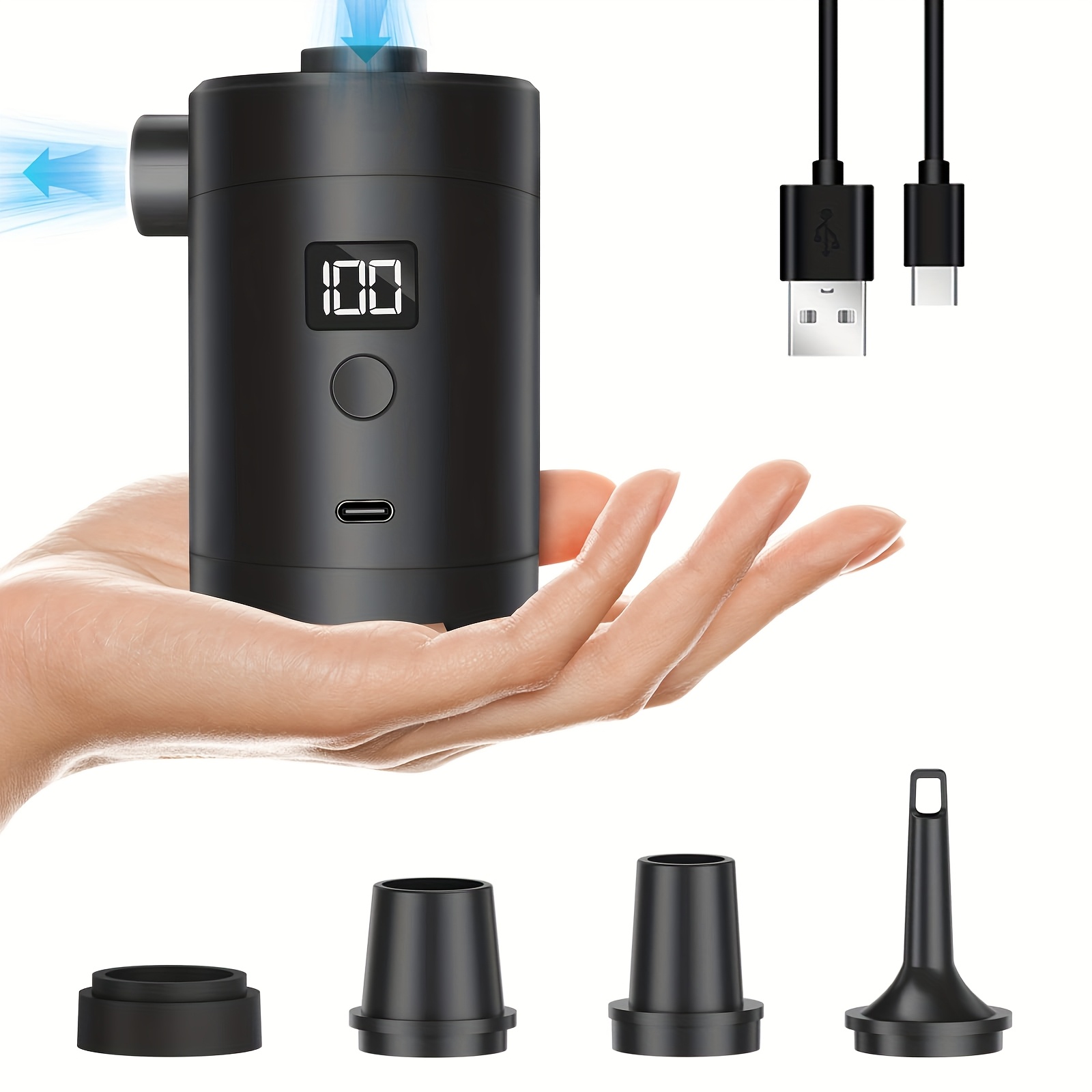 Portable Usb Air Pump With 5 Nozzles, With 3600mah Large Capacity Battery, Type-c Charging, Suitable For Swimming Pool Float, Air Bed, Inflatable Mattress Swimming Ring, Vacuum Storage Bag