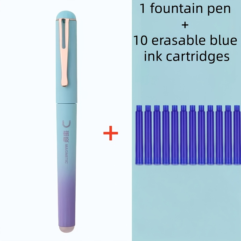 Image of 1pc Erasable Pen And 10pcs Erasable Ink Cartridges, 0.38mm Electroplated Colorful Nib, Cap, Suitable For School, Journal, Writing Pen