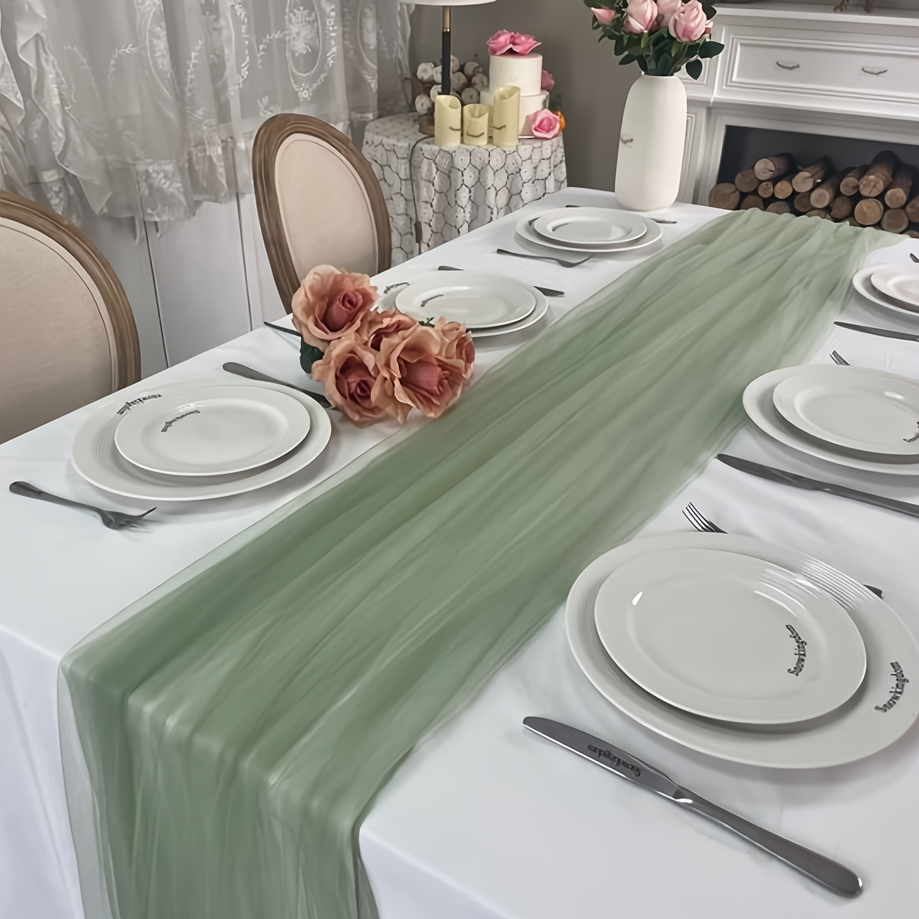 Image of Sage Green Coarse Canvas Tablecloth , Easter Transparent Chiffon Net Fabric 120 Inches, Bohemian Style Table Center Decoration, Suitable For Spring Weddings Baby Bridal Shower Parties