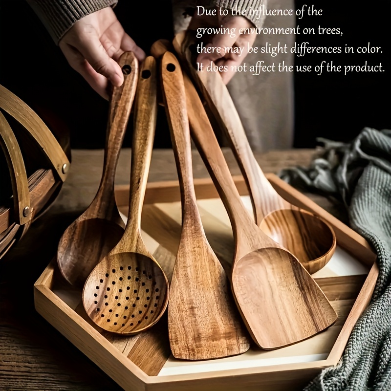 TEMU 3/5-piece Wooden Kitchen Utensil Set, Natural Wooden Spoon Set, Pan Kitchen Tools, Handcrafted Soup Spoon And Wok Spatula Essentials, Mother's