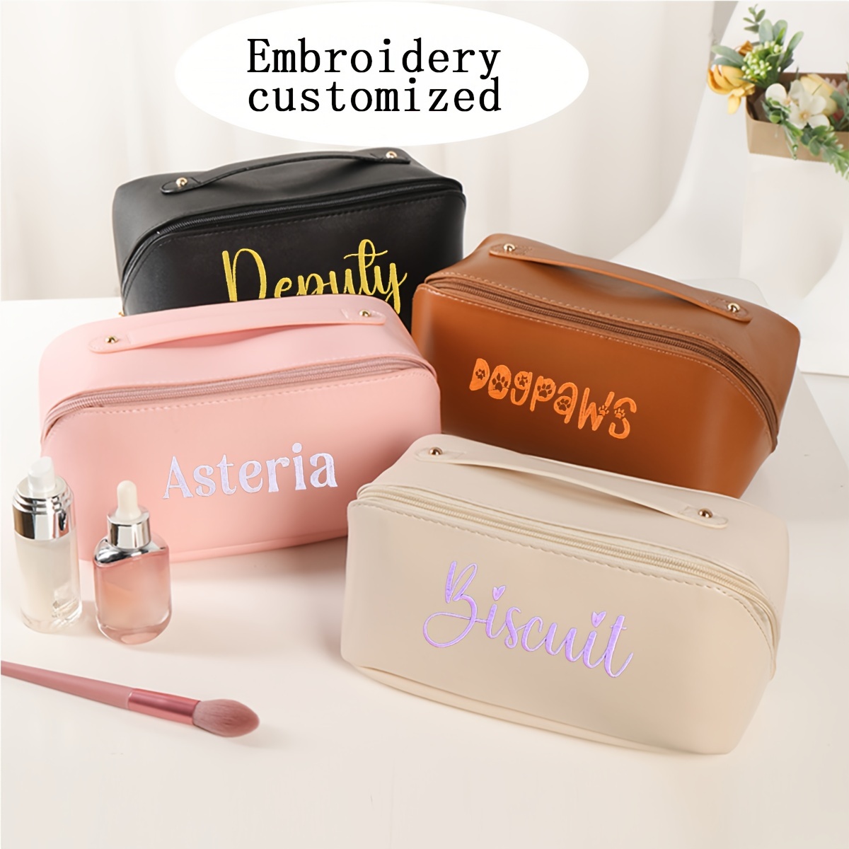 

Customized Embroidered Letters Pattern Makeup Organizer Bag, Portable Cosmetic Brush Storage Bag, Suitable For Home Travel Makeup Storage And Organization
