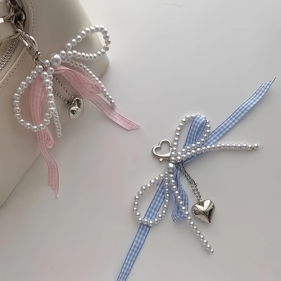 

2pcs/set And Men's Women's Pearl Bow Love Pendant Keychain Ribbon Couple Keychain Car Keyring Birthday Bag Pendant Soft Phone Charm