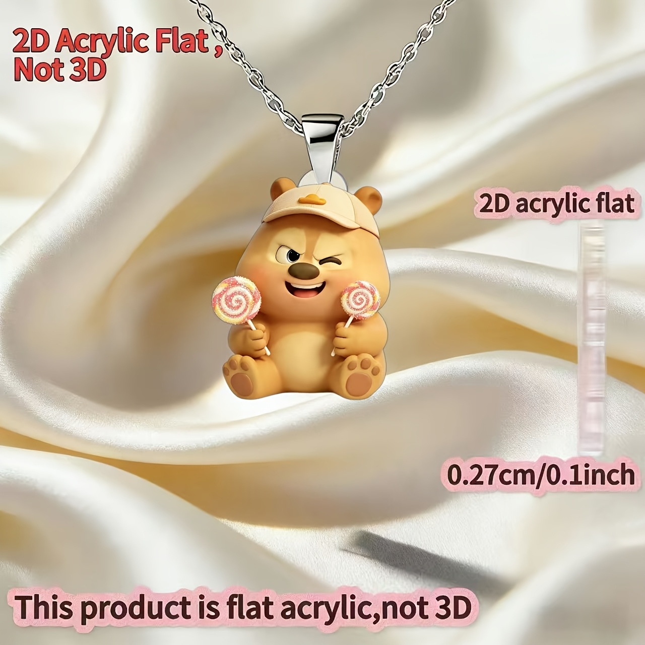Women's 2D Acrylic Lollipop Bear Pendant Necklace, Gift for Her