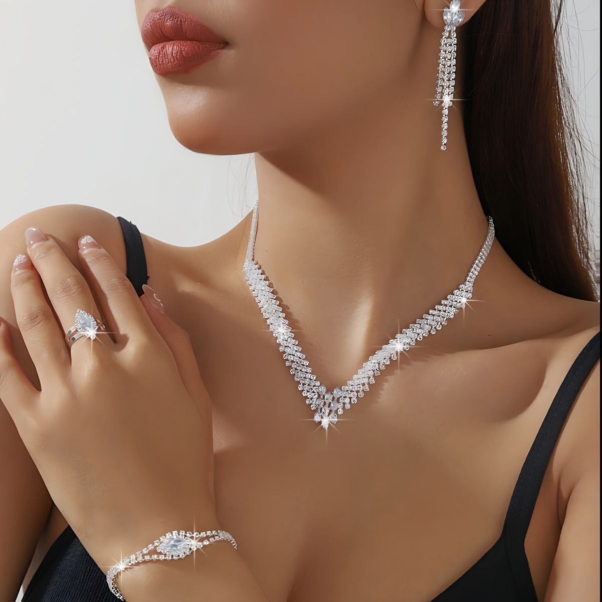 TEMU 4pcs Elegant Fashion Necklace Earrings Bracelet Ring Jewelry Set, Suitable For Brides And Weddings, Ideal Gift For Valentine's Day, Music